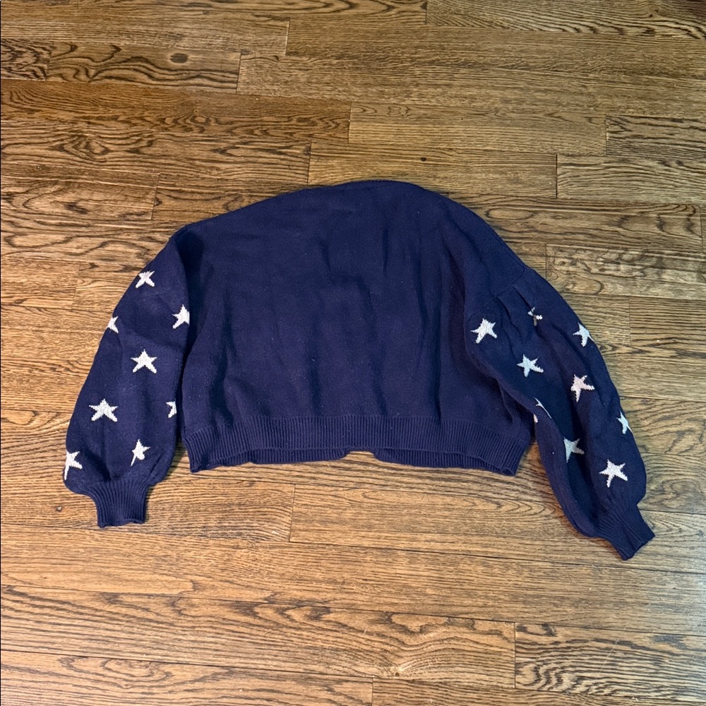 Storia Cropped Navy Blue Chunky Cardigan Stars Puff Sleeves Size Medium - Picture 3 of 3